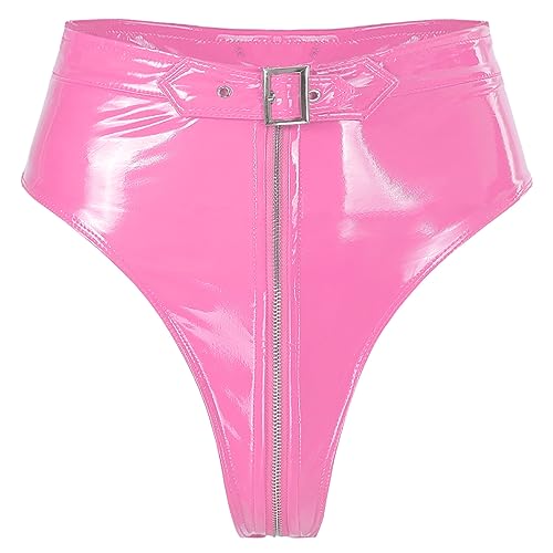 TiaoBug Damen Wetlook Ouvert-Slip String Tanga High Cut Thong High Waist Bikinislip Lack Leder Hipster Glänzend Shorts mit Reisverschluss Gogo Outfits Clubwear Rosa M