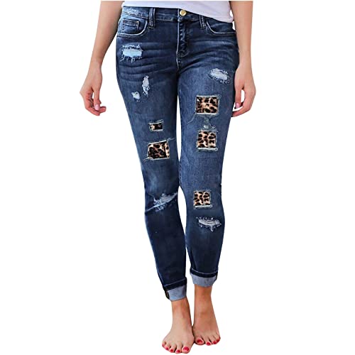 Jeans Stretch Zerrissen Sexy Mit Leopardenmuster Hohe Taille Slim Fit Jeanshosen Elegante Und Bequem Bauchweg Outdoorhose Lässig Hose Enges Bein Skinny Jeanshose High Waist Freizeithose (Blue, L)