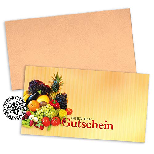 GESCHENKGUTSCHEINcom by POS-HAUER. Gutschein-Set. 50x Gutschein + Kuvert. Für Obst-Geschäft Gemüse-Geschäft, blanko zum selber Ausfüllen.