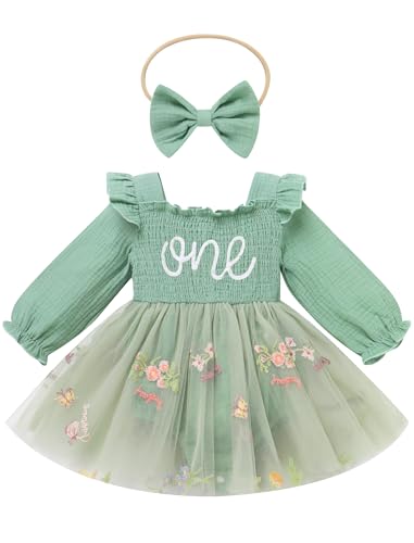 FYMNSI Baby M�dchen 1. Erster Geburtstag Outfit Blumen Langarm Weihnachten Partykleid Hochzeit Bodykleid Prinzessin T�ll Kleid Strampler mit Stirnband Herbst Winter Kleidung Fotoshooting Gr�n 9-12M