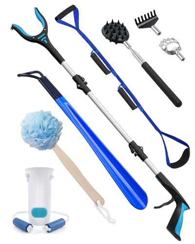 Kekoy Knie Hüft-Op Reha Set 8 Stück, Anziehhilfen einschließlich 91cm Greifer, Sockenanziehhilfe, 48cm Schuhlöffel, Beinheber, Badeschwamm, Rückenkratzer, Anziehhilfe Nach Hüft Op für Senioren(Blue)