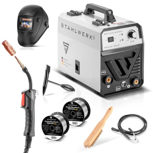 STAHLWERK Mini FLUX 120 ST Vollausstattung Fülldraht Schweißgerät mit synergischem Drahtvorschub für 0,6 | 0,8 | 0,9 | 1,0 mm Schweißdraht, kompakter Inverter mit echten 120A Schweißen ohne Schutzgas