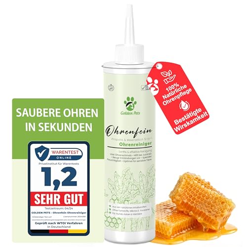 Golden Pets TESTURTEIL SEHR GUT - Ohrenreiniger Hund & Katze, 100% natürlich gegen Entzündung, Juckreiz, Ohrenspülung, Ohrenschmalz Entferner, Ohrenreiniger für Hunde & Katzen, 250ml + neues E-Book