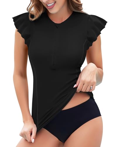 WOWENY Surf UV Shirt Damen Wasser Rüschenärmeln Schwimmshirt mit 1/4 Reißverschluss Bademode Rash Guard Badeshirt Tankini Oberteil Damen Einzeln B-Schwarz XL