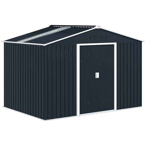 Outsunny Metall Gerätehaus 4,9m² 277x195x192cm Geräteschuppen mit Satteldach, Fundament, Fenster, Abschließbarer Schiebetür, wetterfest Gartenhaus, Outdoor Garten Schuppen für Hinterhof Dunkelgrau