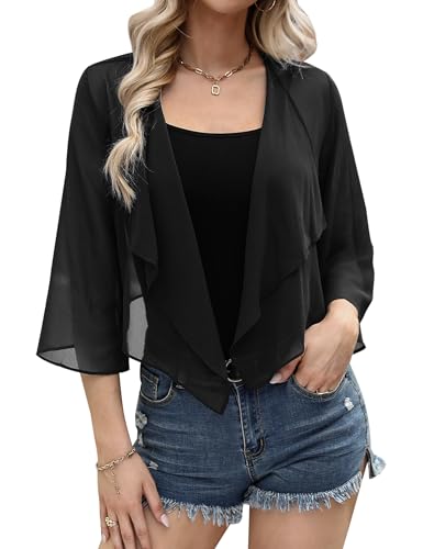 Aottori Bolero Damen Chiffon Cardigan Kurz Sommer Bolerojacke Elegant mit 3/4 Ärmel Schulterjacke Leichte Transparent für Festlich Hochzeit Schwarz XL