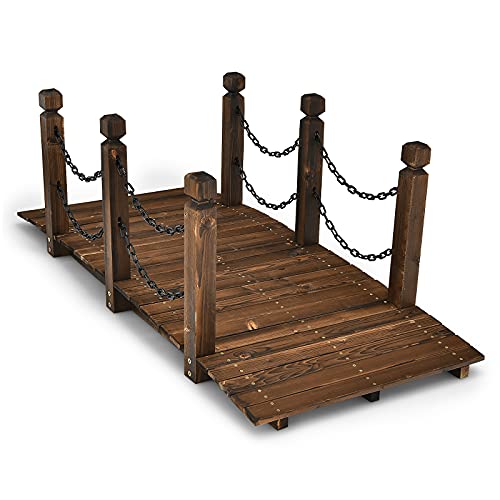 SOARS Holzbrücke mit Geländer & Ketten, Gartenbrücke aus Fichtenholz, stabile Teichbrücke bis 180 kg belastbar, 150 x 67 x 55 cm, Zierbrücke begehbar, Dekobrücke für Garten, Teich & Bach