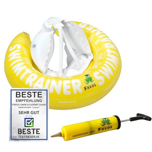FREDS SWIM ACADEMY SWIMTRAINER Classic Gelb + Handpumpe – Schwimmset für Kinder von 4 bis 8 Jahren, aufblasbare Schwimmhilfe mit praktischer Pumpe für schnelles Aufblasen