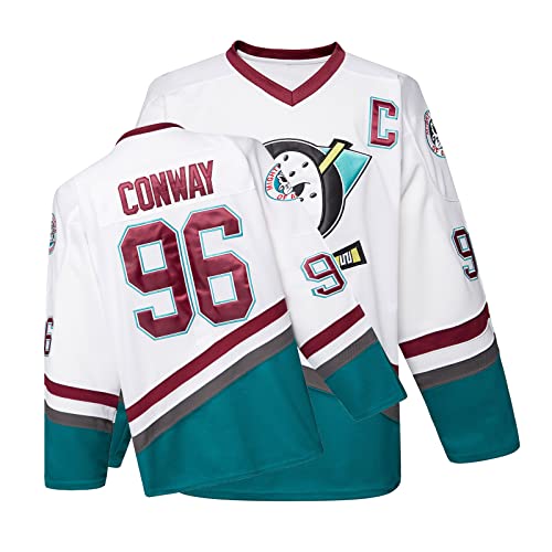 Mighty Ducks Jersey Movie Eishockey Trikot S-XXL Charlie Conway #96 Adam Banks #99 90S Hip Hop Kleidung für Party, #96 Weiß, L