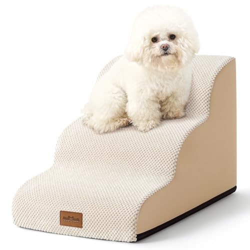 COZY KISS Hundetreppe für Kleine Hunde 40cm, Haustiertreppe für Couch aus Hochdichtem Schwamm, Hunde Treppe Hunderampe mit Waschbarem Bezug und Rutschfestem Boden, 40x57x40cm, 3 Stufen, Beige