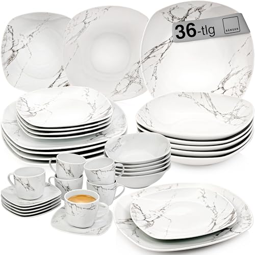 SÄNGER | Kombiservice Bilgola Marmor, 36-teiliges Geschirrset für 6 Personen mit Speise-, Dessert-, Suppentellern, Müslischalen, Kaffee- und Untertassen aus Porzellan, Eckig | PREMIUM COLLECTION