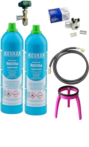 Reparatur-Set für Kühlschrank mit 2 R600a 420 Gr. + Ausgang 1/4 Zoll M + Schlauch 90 cm + Lochventil für Kupferrohr