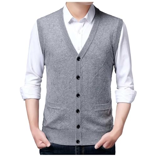FaonKeen Herren Strickweste Strickjacke ohne Ärmel V-Ausschnitt aus Wollmischung Knopfleiste Ärmellose Weste Outdoor Freizeit Strickweste Klassische Einfarbig Businessweste
