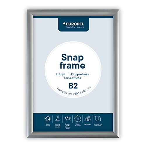 EUROPEL 355012 Klapprahmen B2 mit 25 mm Aluminium-Profil - aufklappbarer Plakatrahmen mit Gehrungsecke - Schnapprahmen für u.a. Poster, Zertifikate, Fotos & Werbemittel - Silber,B2 - 50 x 70 cm