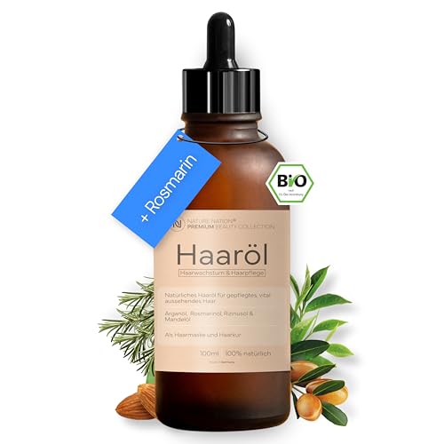 Natürliches Haaröl BIO - Bei Haarausfall, Haarwachstum, Haarwuchs: Haare fördern mit Arganöl, Rizinusöl, Mandelöl, Rosmarinöl (Rosmarin) - Kaltgepresst - Haarwuchsöl als Haarmaske, Haarkur (1 x 100ml)