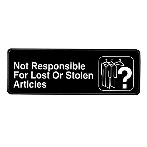 Alpine Industries Schild mit Aufschrift "Not Responsible for Lost or Stolzen", strapazierfähig, schwarz, Haftung in Hotel, Restaurant und Geschäft