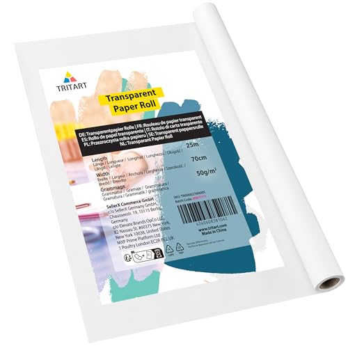 Tritart Transparentpapier Rolle - Pauspapier 25m x 70cm - Schnittmusterpapier 50g/m² - Architektenpapier - Abpauspapier weiß transparent - Malpapier Rolle - Tracing Paper Papier Rolle