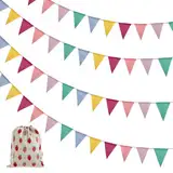 48 Fahnen 52ft Wimpelkette Outdoor Wetterfest, Girlande Geburtstag Matschküche Zubehör mit Kordelbeutel, Dreieck Wimpelkette Kinderzimmer Imitation Leinen für Garten Klassenraum Geburtstag Party Deko