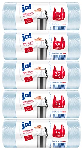 ja! 125 Müllbeutel/Mülltüten mit Tragegriff, 35 Liter, 25 Stück pro Rolle, reißfeste Bodennaht, transparent, 5 Rollen