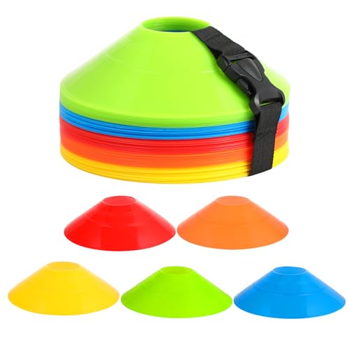 50-Stück Hütchen Set mit Schnallenriemen, 5 Farben, für Hütchen Fußball, Markierungshütchen, Hütchen Training – ideal für Fußball, Hockey, Eislaufen, Handball