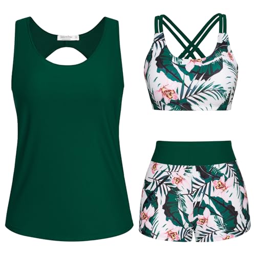 BadeanzüGe FüR Damen,3-Teiliger Tankini Damen Bauchweg, Push-Up-Bikinioberteil Und High Waist Badeshorts , Einfache Badebekleidung, Damen-Sport-Bikini Badeanzug, Bademode FüR Schwimmbad, Strand