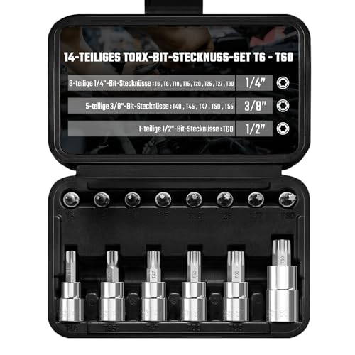 Mr.wintek Torx Bit Steckschlüsselsatz, 14-teiliger Stern T6 - T60 Bit Satz, 1/4" 3/8" 1/2" Antrieb, Premium S2 Alloy Steel Bits, Cr-V Steckschlüssel, verbesserter Aufbewahrungskoffer