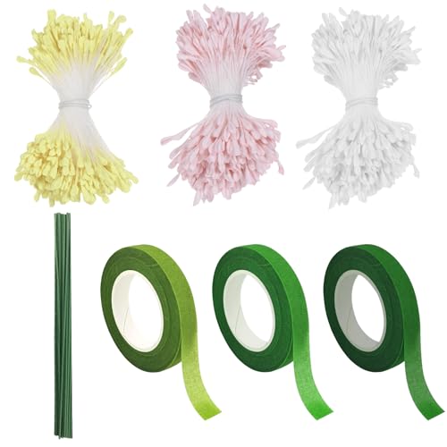 Snyvpra Pfeifenputzer zum Basteln, 1260 Stück Pfeifenreiniger Blumen Staubblatt Künstliche Blütenstaubblätter, mit Grün Blütenstiel, Klebeband, Ideal für Blumen Basteln, DIY Projekte Dekoration