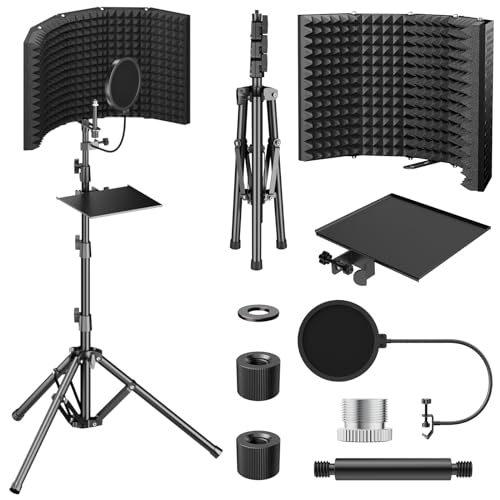 TONOR Isolationsschild-Paket für Mikrofon, hochdichter, Saugfähiger Schaumstoffschutz mit Pop-Filter und Stativständer, Faltbares Design, Geeignet für Blue Yeti, AT2020, Aufnahme, Podcasts, Gesang