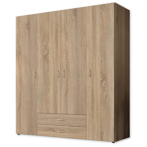 Stella Trading BASE Zeitloser Kleiderschrank in drei verschiedenen Größen - Vielseitiger Drehtürenschrank in Eiche Sonoma Optik - 160 x 177 x 52 cm (B/H/T)