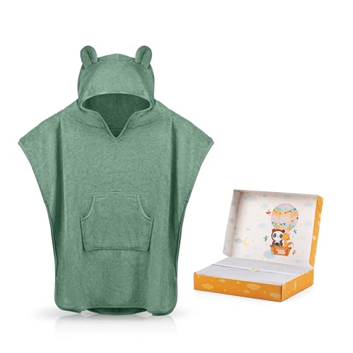 Fuchs&Panda® Badeponcho Kinder EXTRA warm, weich & kuschelig (100% Bambus) | Badeponcho Baby & Kinder Badeponcho | Handtuch Poncho Kinder mit toller Geschenkverpackung (Kupfer-grün)