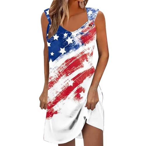 Damen Kleider Elegant, Motiv Bedruckte Sommerkleid Damen Minikleid, American Independence Day Thema Kostüm Mini Vestkleid Loose Blusenkleid Tankkleid Frauen Freizeit Kleid Strandkleider
