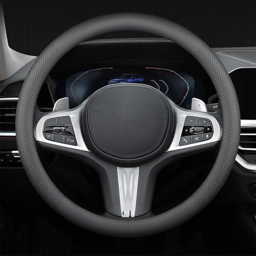 Echtes Leder Lenkradbezug, EIN 38cm Ultra-Dünnes Anti-Rutsch D-Typ Lenkradbezug Leder, Lenkradhüllen Vier Jahreszeiten Universell, Langlebig Auto Lenkradbezug(Schwarz)