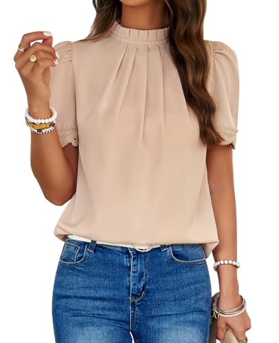 MYCOLORBLUE Damen Elegant Chiffon Blusen Tuniken Falten Stehkragen Tops Puffärmeln Shirts Streetwear Blusenshirt Oberteile Khaki S