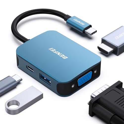 BENFEI USB C HUB 4in1,USB C Multiport-Adapter mit 4K HDMI/ 1080P VGA/ 5Gbps USB 3.0 Data Port/Typ C 60W Power Delivery, kompatibel für iPhone 15 Pro/Max MacBook Pro/Ai iPad Pro iMac Galaxy S23, Blau