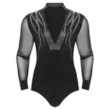 inlzdz Herren Latein Hemd Tanz Oberteil Hemd V-Ausschnitt Hemdbody mit Strass Tanzbody Leotard Standard Dance Ballroom Outfit Schwarz M