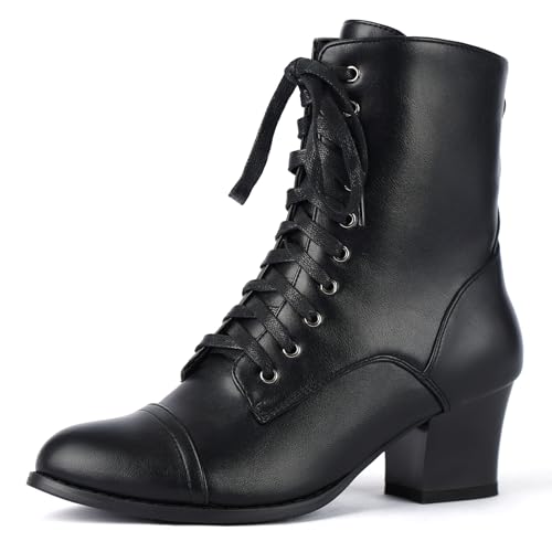GiledGrace Schwarze kurze Stiefeletten Schnürung für Frauen Seitlicher Reißverschluss Viktorianische Stiefeletten Block Chunky Mid Heel Schwarz Größe 39