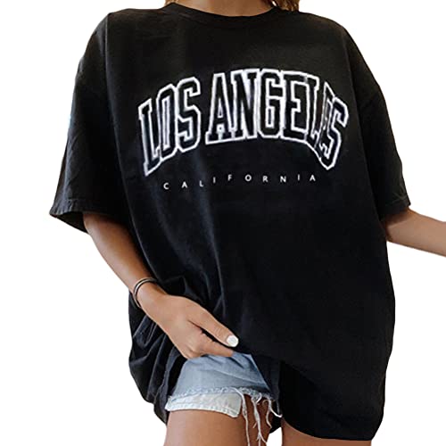 Tomwell Damen T-Shirt Sommer Kurzarm Grafikdruck Shirt Tunika Lose Rundhals Longshirt Frauen Bluse Oberteile Lang Tops für Teen Girls Sommer Schwarz L