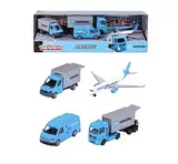 Majorette - Maersk Transport-Fahrzeuge (Geschenkset) - 4 Modellfahrzeuge aus Metall (Man Truck, Mercedes-Benz Sprinter, Volkswagen Crafter & Airbus Flugzeug), Spielzeug für Kinder ab 3 Jahre
