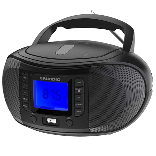 GRUNDIG GRB 3500 tragbare Radio Boombox mit Bluetooth, integrierter CD-Player, USB 2.0 Anschluss, 3,5 mm Kopfhöreranschluss, FM Empfangsteil mit PLL-Frequenz- Abstimmung, 30 Senderspeicher, Schwarz