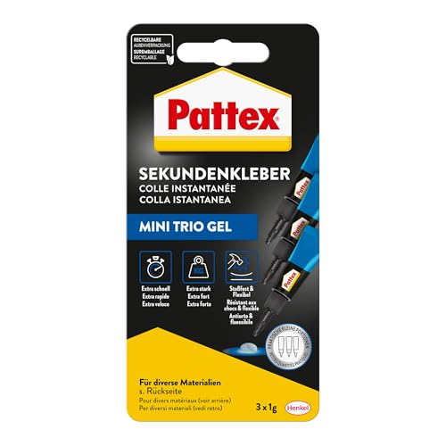 Pattex Sekundenkleber Ultra Gel Mini Trio, extra starker & flexibler Superkleber in 3 Tuben, Sekundenkleber Gel für z. B. Gummi, Leder, Holz, 3x 1 g Tube, 9H PSMG3