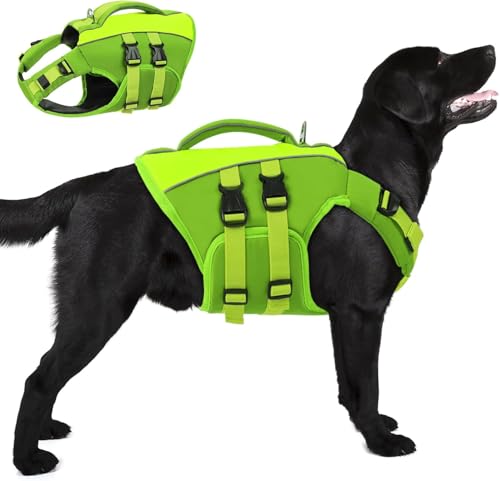 Queenmore Hundeschwimmweste Große Hunde,Verstellbar Schwimmweste Hund, Rettungsweste Mit Griff, Schwimmweste Für Große Hunde Labrador,Bootfahren Surfen kajak, Grün, XXL