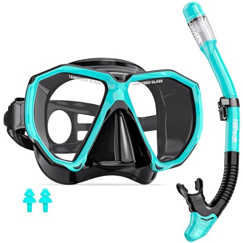 Hiipeak Schnorchelset Erwachsene, Taucherbrille Erwachsene mit Dry Schnorchel, Anti-Fog Anti-Leck Taucherbrille mit Schnorchel aus gehärtetem Glas, Schnorchelsets für Schnorcheln und Tauchen Blau