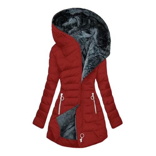 EMATOP Winterjacke Damen Warmer Lang Winterparka Jacke mit Kapuze Steppjacke Baumwolle Einfarbig Wintermantel Fleece Gefüttert Pufferjacke Elegant Langarm Fleecejacke Outdoor Winddicht Mantel