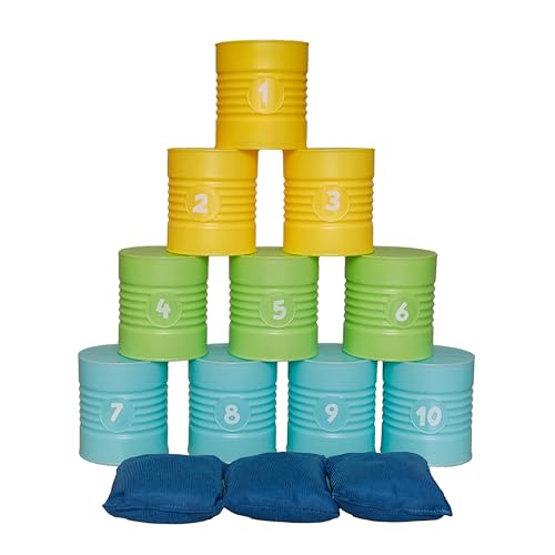alldoro 60069 Dosenwerfen Spiel Set - 10 nummerierte Dosen, 3 Wurfsäckchen - für Kinder ab 3 Jahren, je 9 x 8 x 8 cm, bunt