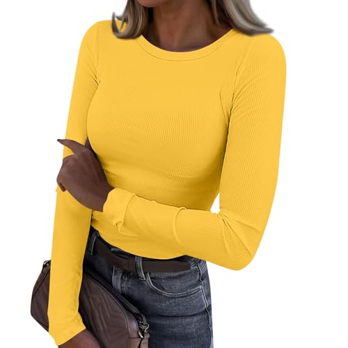 Generisch Damen Langarmshirt mit Rundhalsausschnitt, Klassischer Schnitt, Yellow