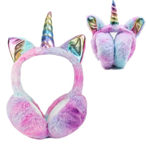 BTHRORO Einhorn Winter Ohrenschützer für Mädchen, Süße Plüsch Ohrenwärmer Faltbare Warme Ohrenschützer Outdoor Ohrenwärmer Kalte Winterzubehör für Frauen Mädchen