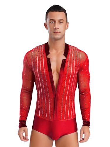 JEATHA Herren Tanzbody Latein Overalls Tango Rumba Langarm Oberteil mit Strass V-Ausschnitt Tanzanzug Standard Tanz Ballsaal Wettkampf Kostüm Rot XXL