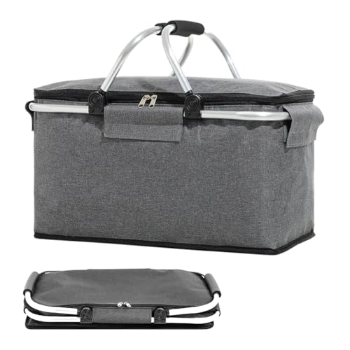 Faltbarer Einkaufskorb Kühltasche, Große Isolierkorb Thermokorb Picknickkorb, Wasserdichter Kühltasche für Reisen/Picknick/Einkaufen/Geschenk (Grau)