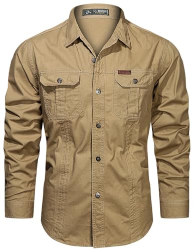PADOLA Hemd Herren Baumwolle Hemden Langarm Slim Fit Cowboyhemd Stehkragen Westernhemd Taktisches Hemd Outdoor Arbeitshemd Safarihemd Einfarbige Freizeithemden (2 Khaki, M)