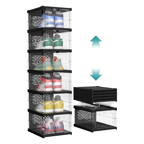 SONGMICS Schuhschrank, mit 6 Schuhboxen, integrierter Schuh-Organizer, faltbar, tragbar, für Schuhe bis Größe 46, 1-Min-Montage, transparent-tintenschwarz LSP205B01